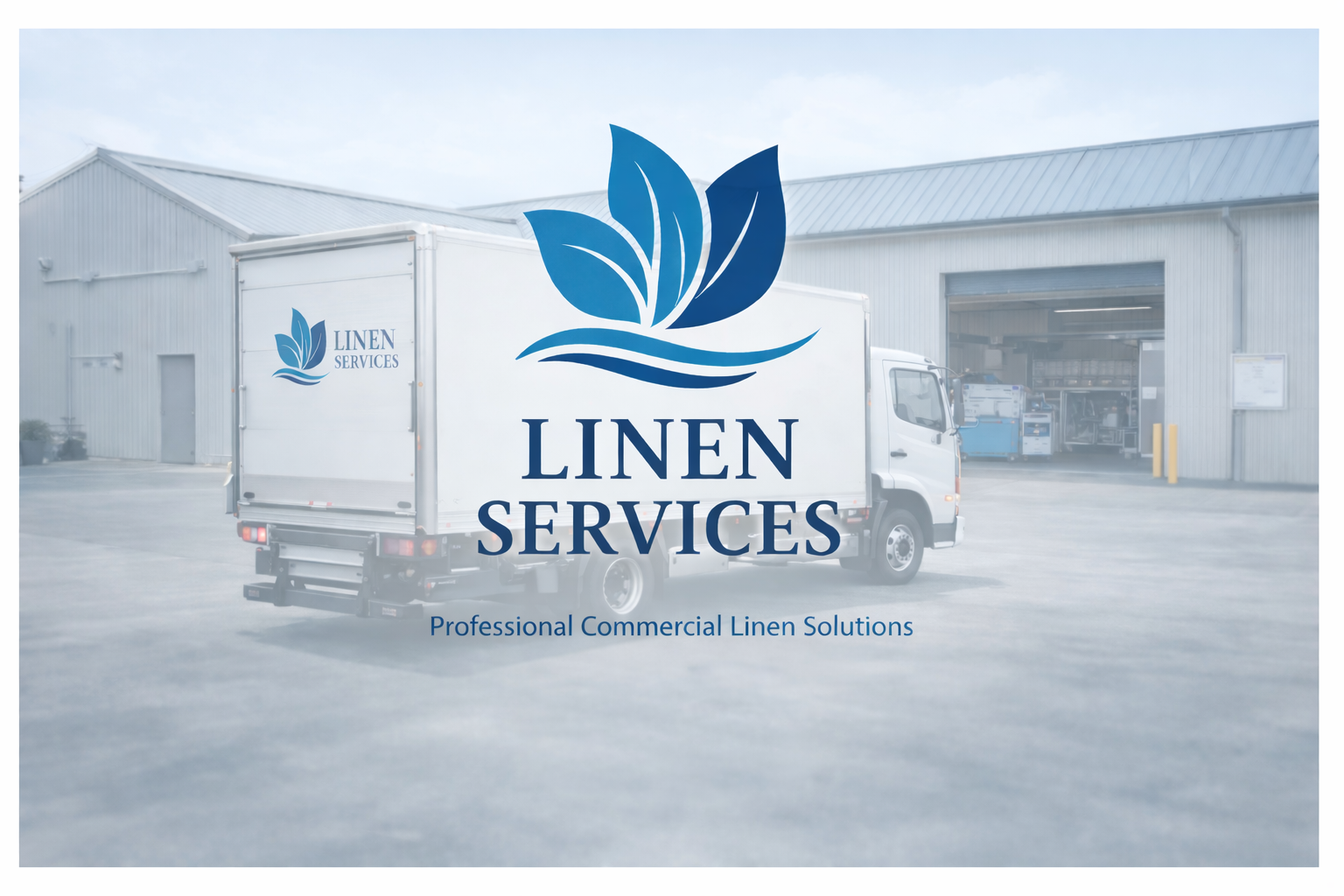 Linen Services truck outside commercial laundry facility